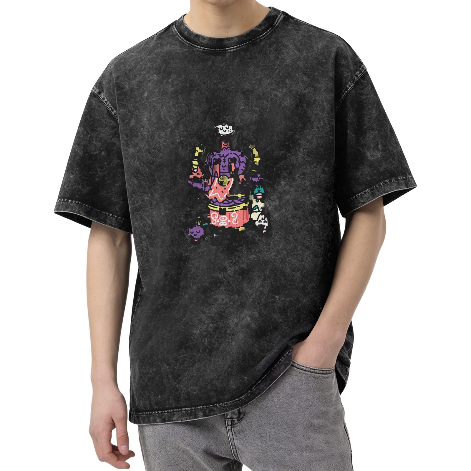 Oversized Acid Wash T-Shirt with Colorful Cartoon Graphic Print