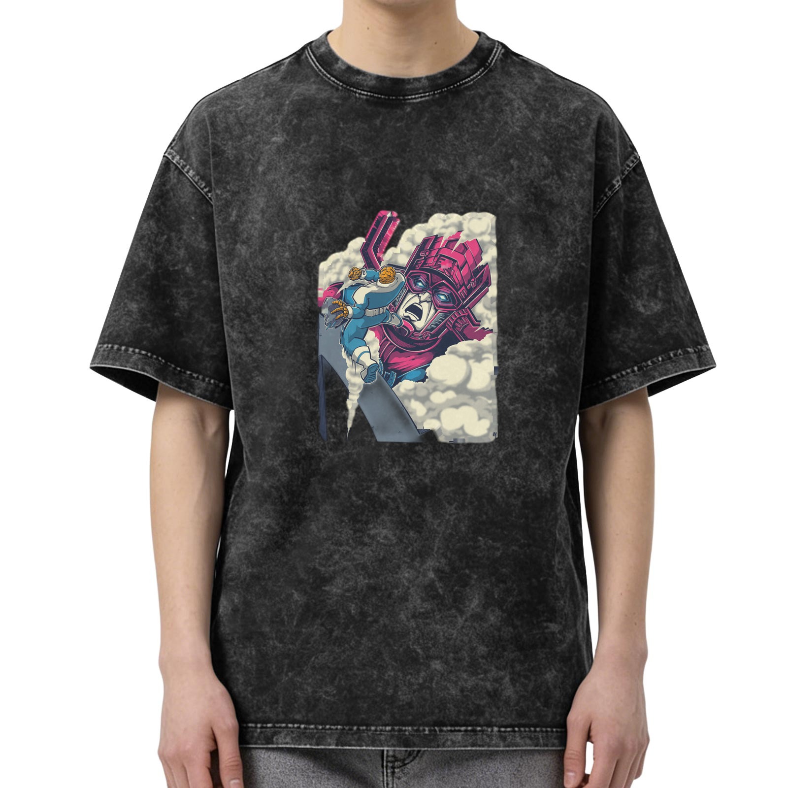 Oversized Acid Wash T-Shirt With Retro Superhero Comic Print