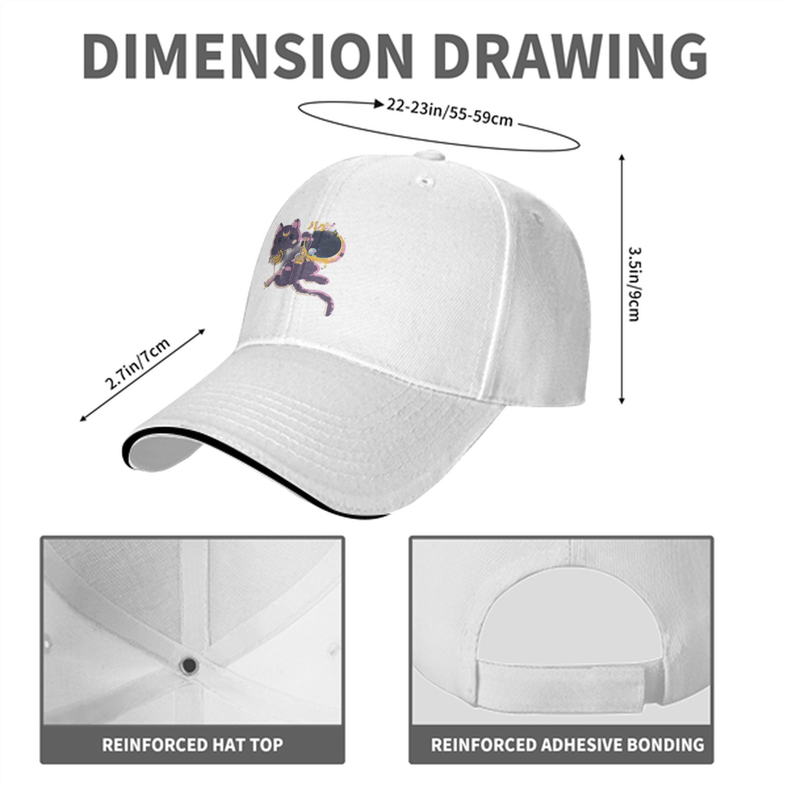 Black baseball cap with cute dark cat moon graphic