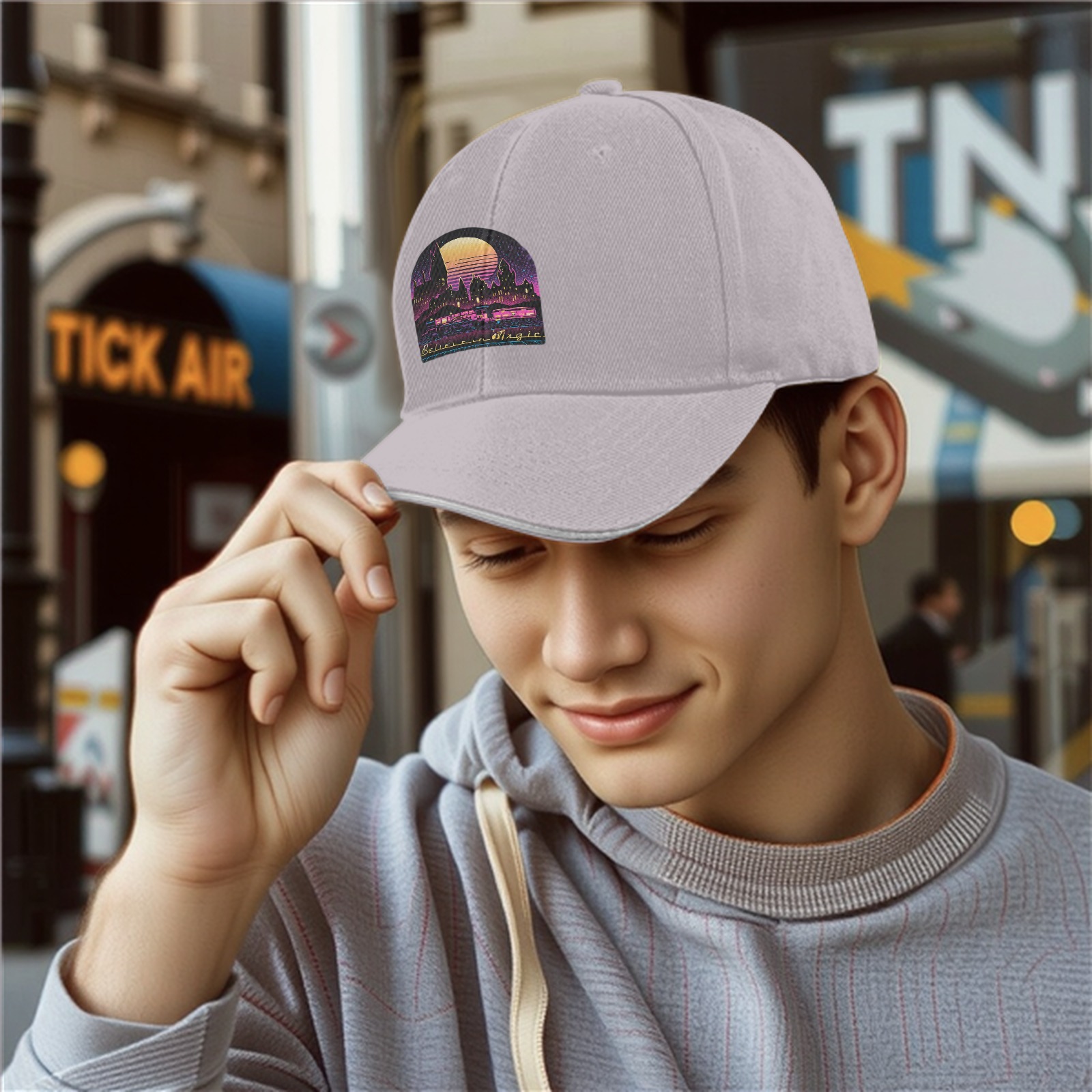 Black Baseball Cap With Neon Magic Castle Sunset Graphic