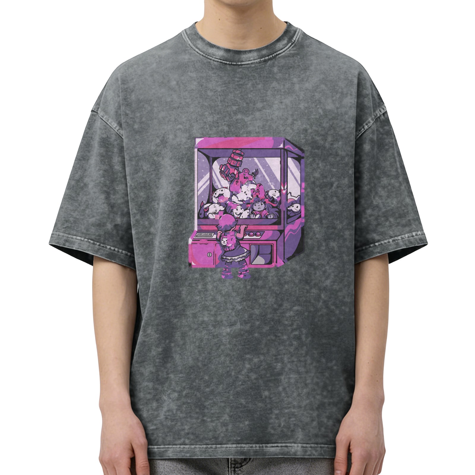 Oversized acid wash t-shirt with anime claw machine graphic
