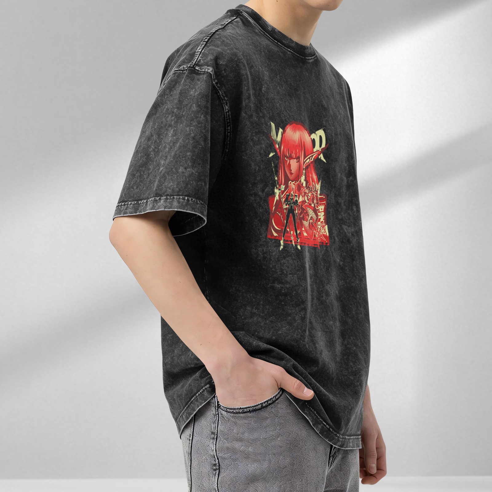 Oversized Acid Wash T-Shirt with Anime Elf Warrior Graphic Print