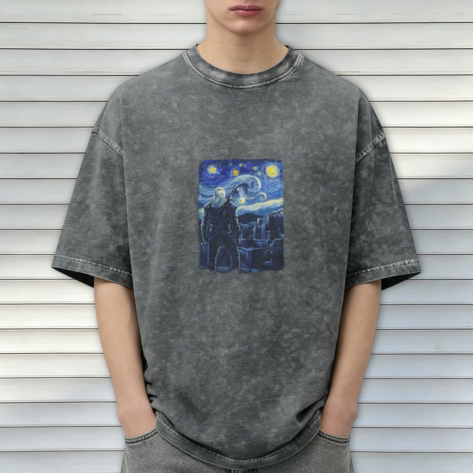 Distressed washed black round neck short-sleeved T-shirt Van Gogh starry night theme print loose casual top