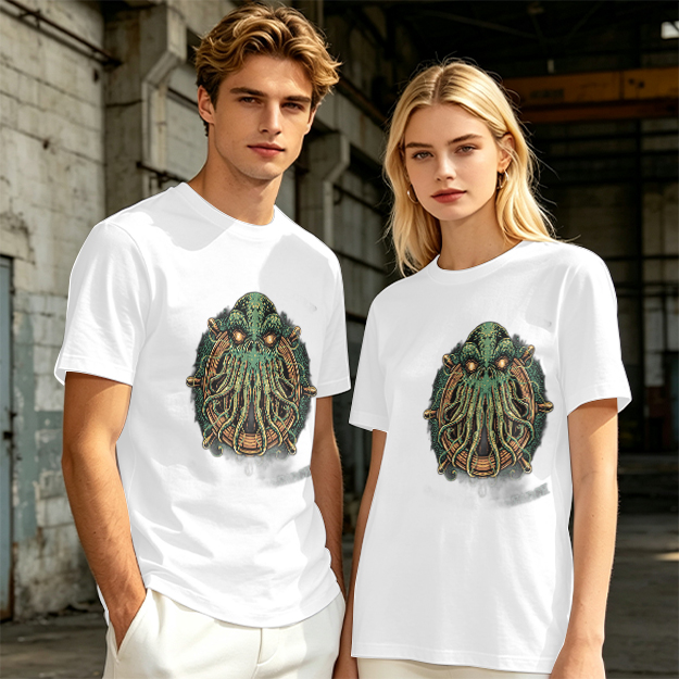 Olive Green T-Shirt With Cthulhu Ship Wheel Graphic