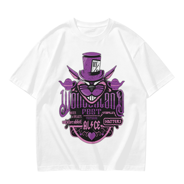 Olive T-Shirt with Wonderland Cheshire Cat Mad Hatter Print