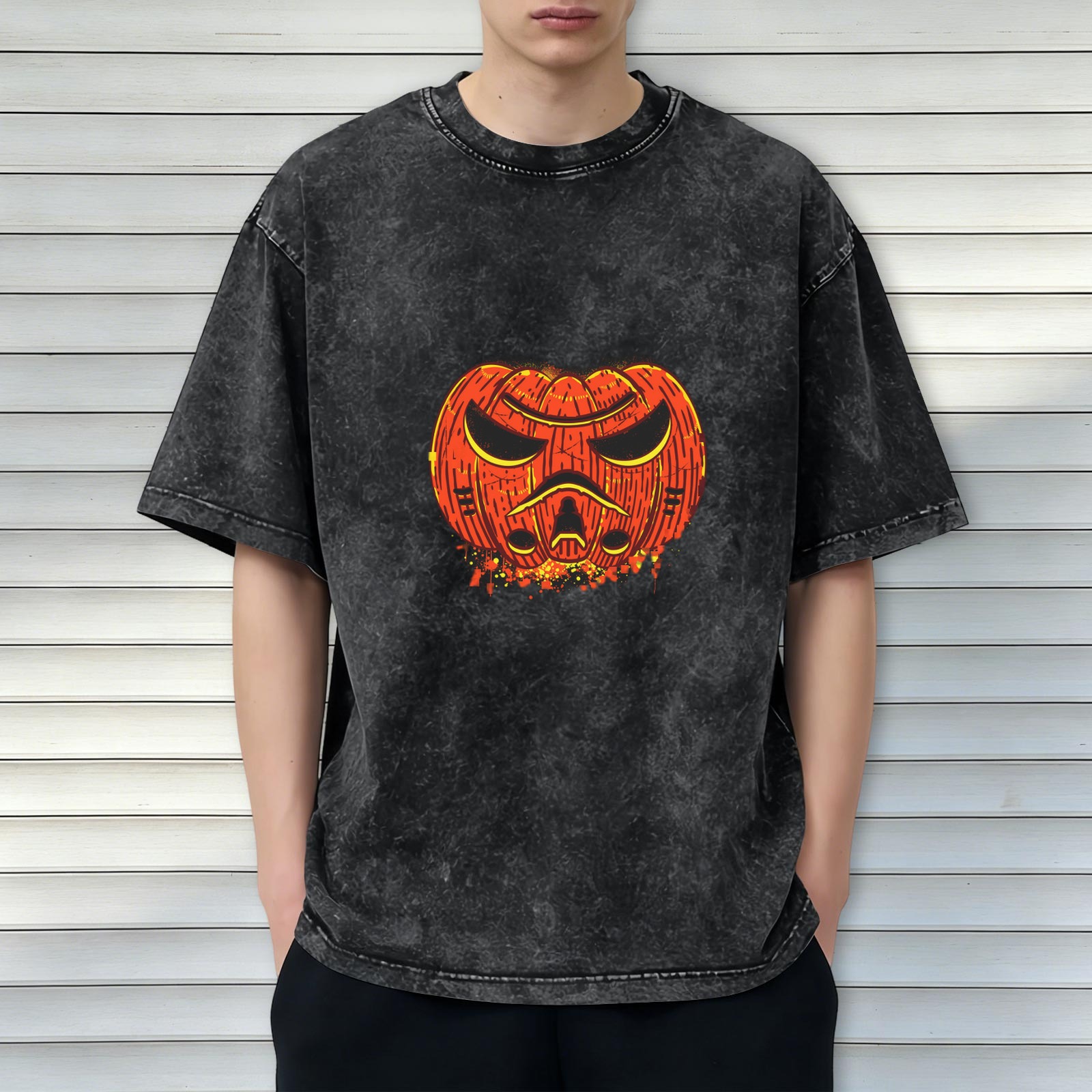 Oversized Dark Wash T-Shirt With Angry Pumpkin Jack-O'-Lantern Print