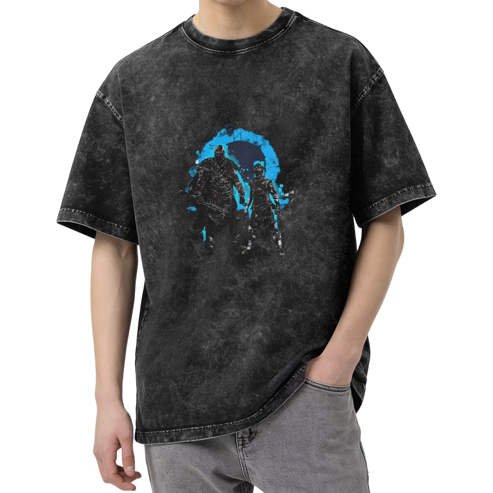 Washed Black Graphic T-Shirt with Fantasy Warrior Characters