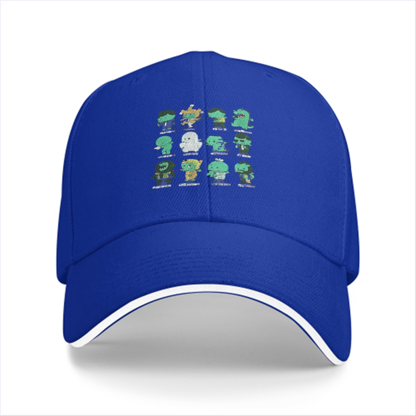 Black baseball cap with cute monster character grid print