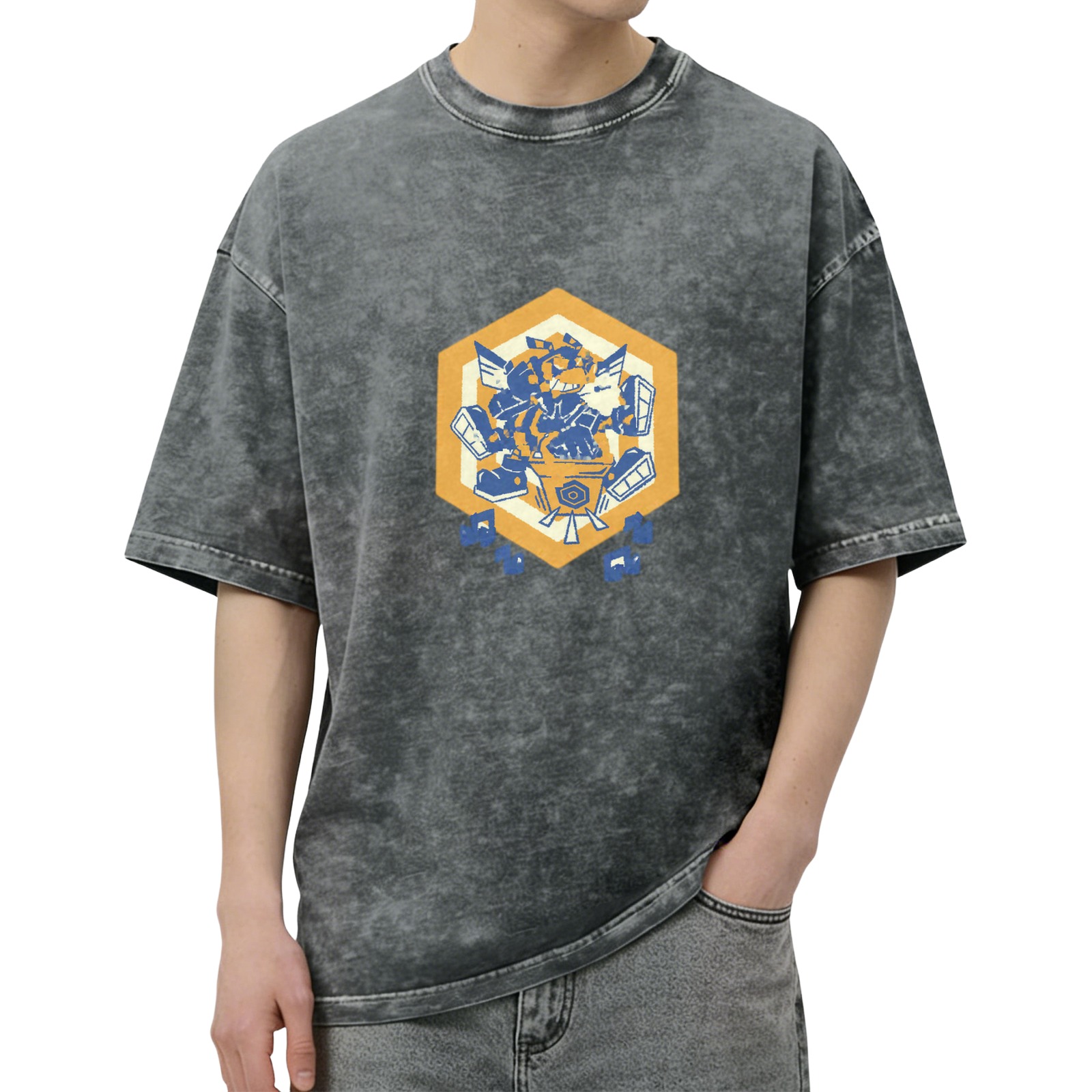 Oversized Acid Wash T-Shirt With Hexagon Robot Graphic Print