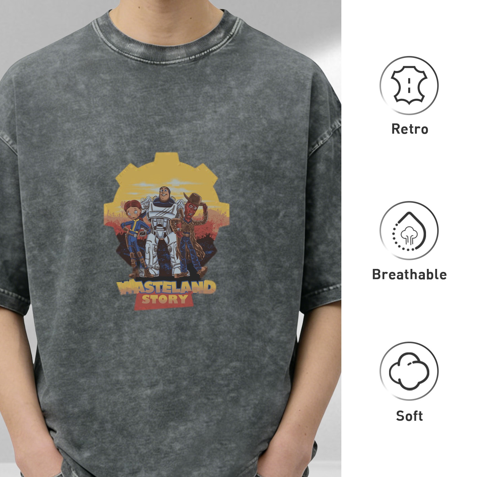 Wasteland Story theme distressed printed short-sleeved T-shirt, washed black loose style