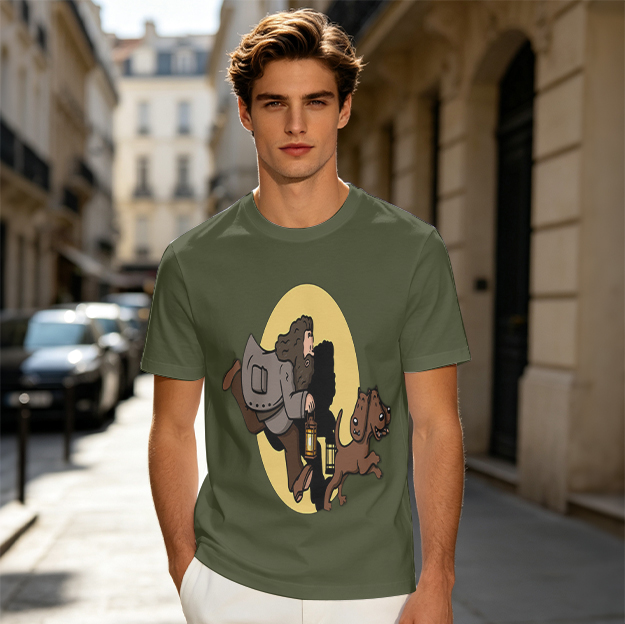 Olive T-Shirt With Cartoon Man And Dog Running Graphic