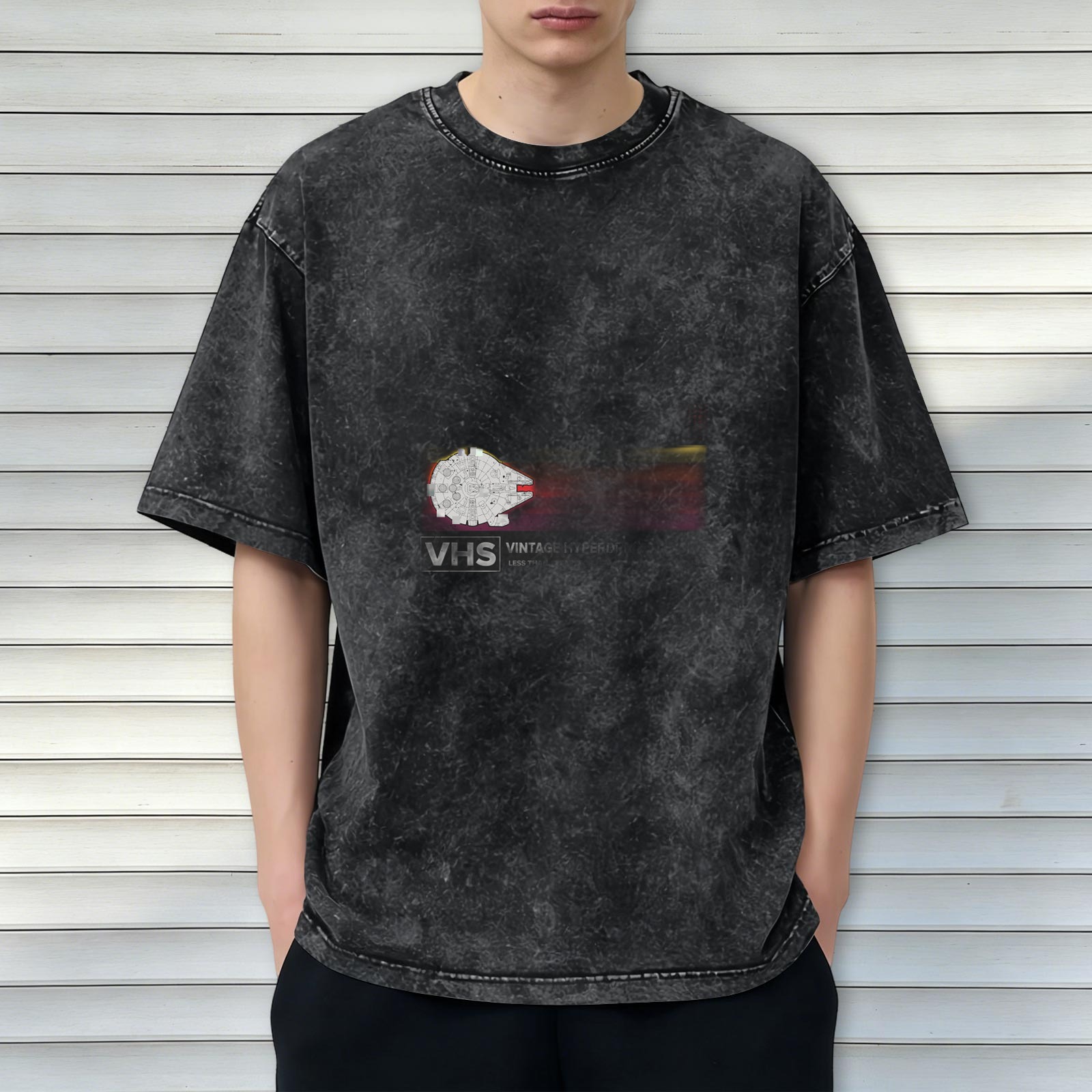 Vintage VHS Graphic Acid Wash Black Oversized T-Shirt
