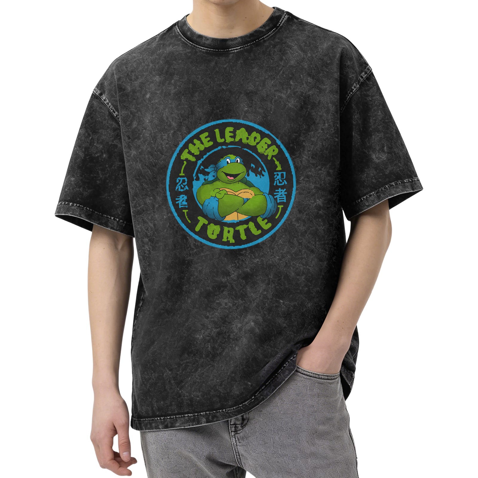Washed black t-shirt with Teenage Mutant Ninja Turtles leader graphic