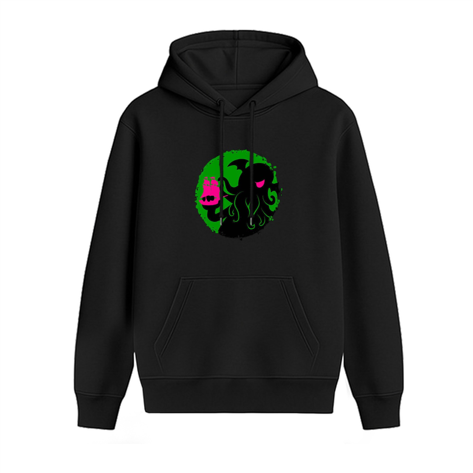 Black hoodie with cthulhu holding a pink cat graphic