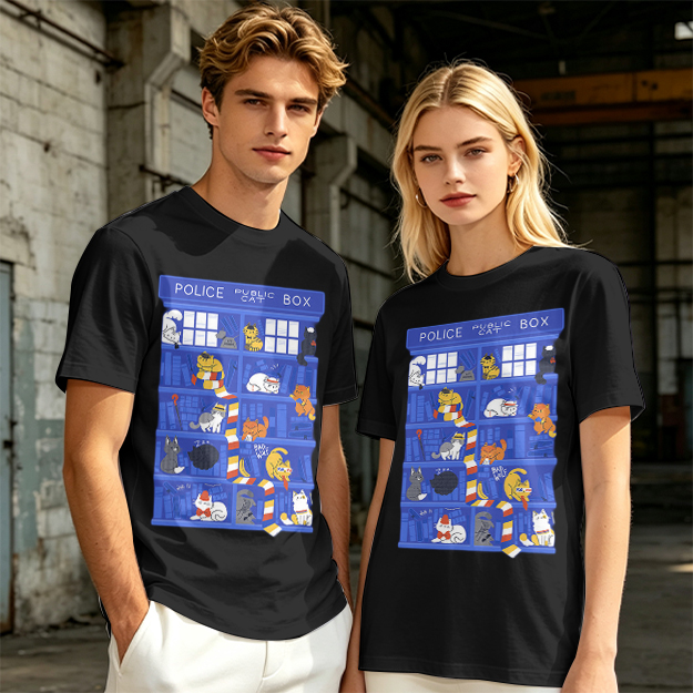 Olive T-Shirt with Police Box and Playful Cats Graphic