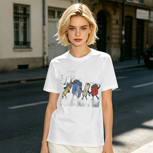 Olive Green T-Shirt with Cartoon School Supplies Graphic