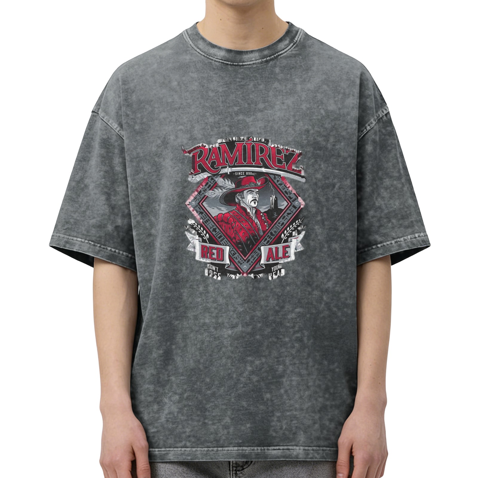 Oversized Acid Wash T-Shirt with Ramirez Red Ale Graphic
