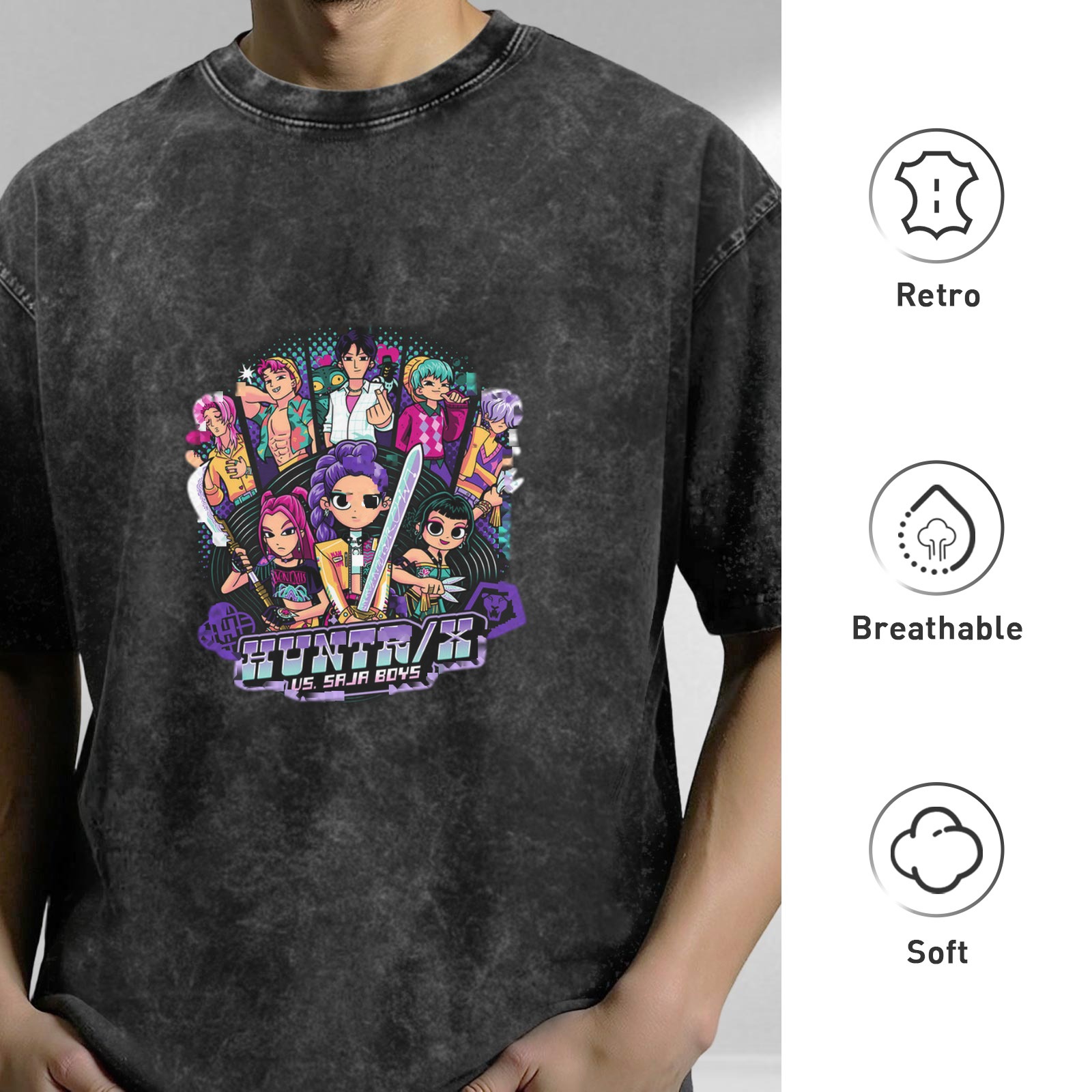 Oversized Acid Wash Graphic T-Shirt with Anime 'HUNTR/X vs. SAJA BOYS' Print