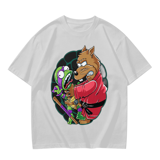 Olive T-shirt with Splinter Grabbing Donatello Ninja Turtle Art
