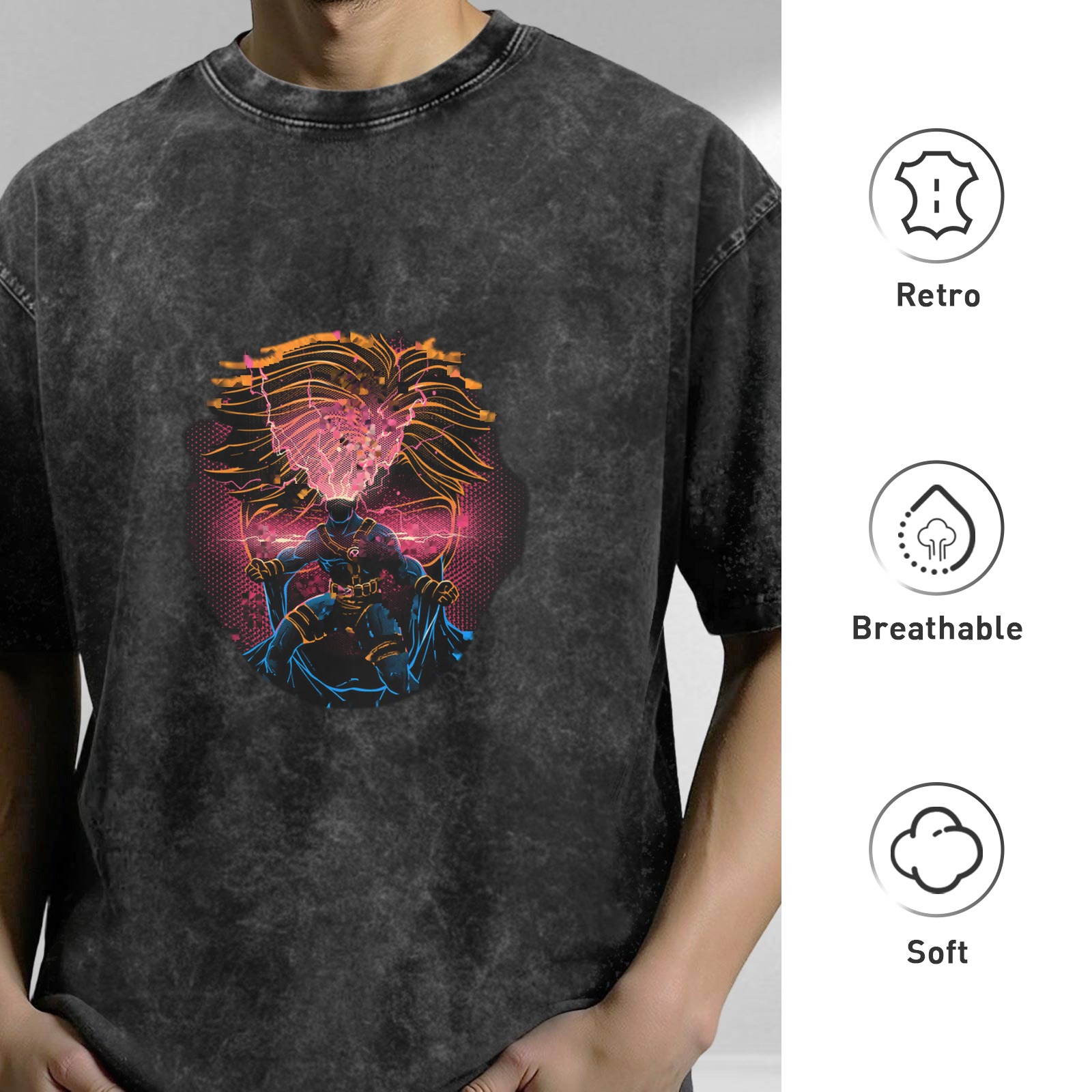 Oversized Acid Wash T-Shirt with Neon Superhero Graphic