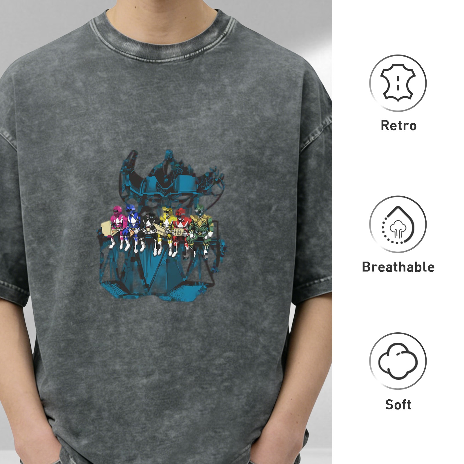 Washed Black Oversized T-Shirt with Power Rangers Graphic