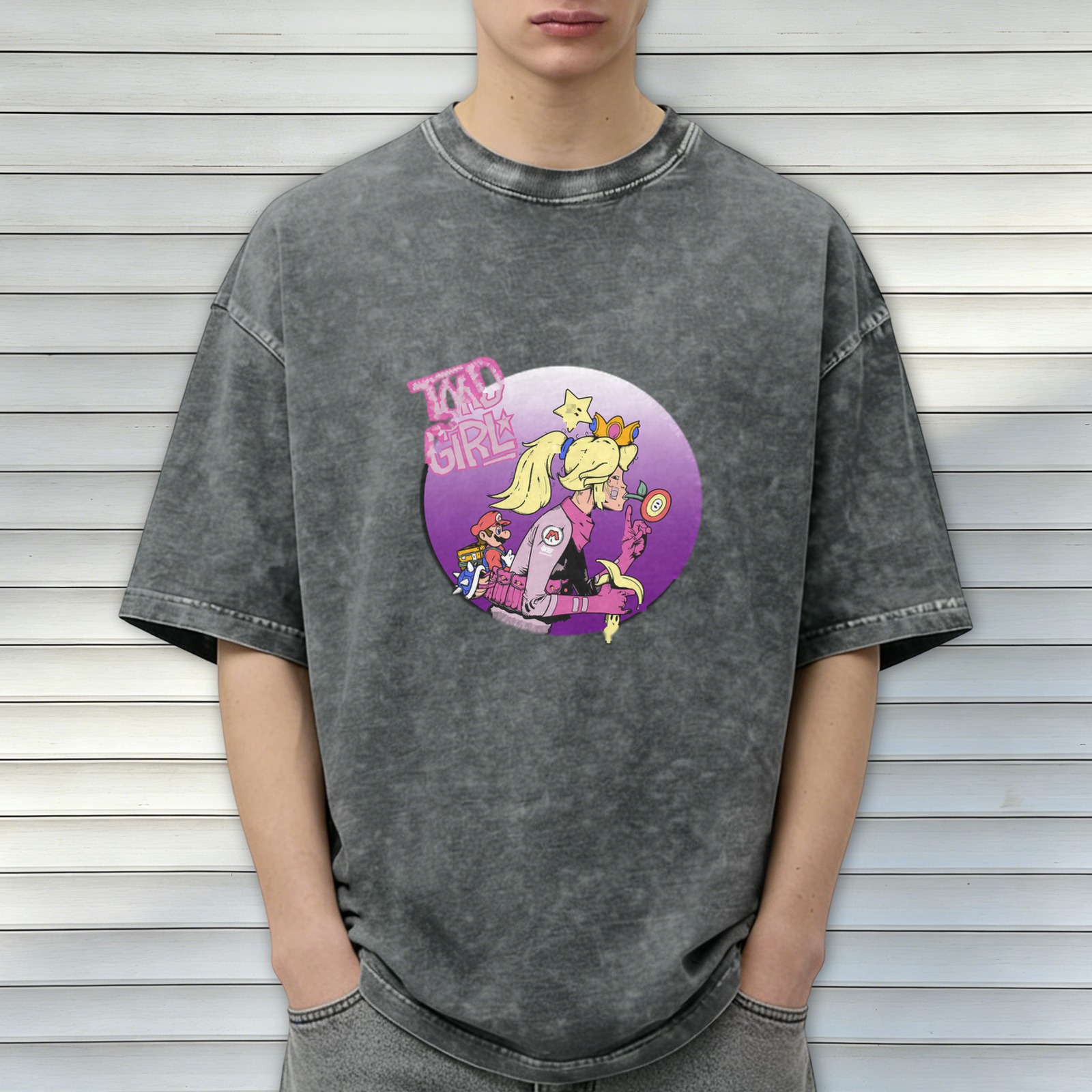 acid wash t-shirt with mario kart princess peach graphic