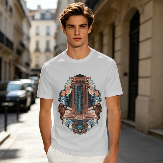 Olive T-Shirt With Ornate Architectural Book Print