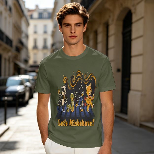 Olive graphic tee with misbehaving cartoon animals and 'Let's Misbehave!' text