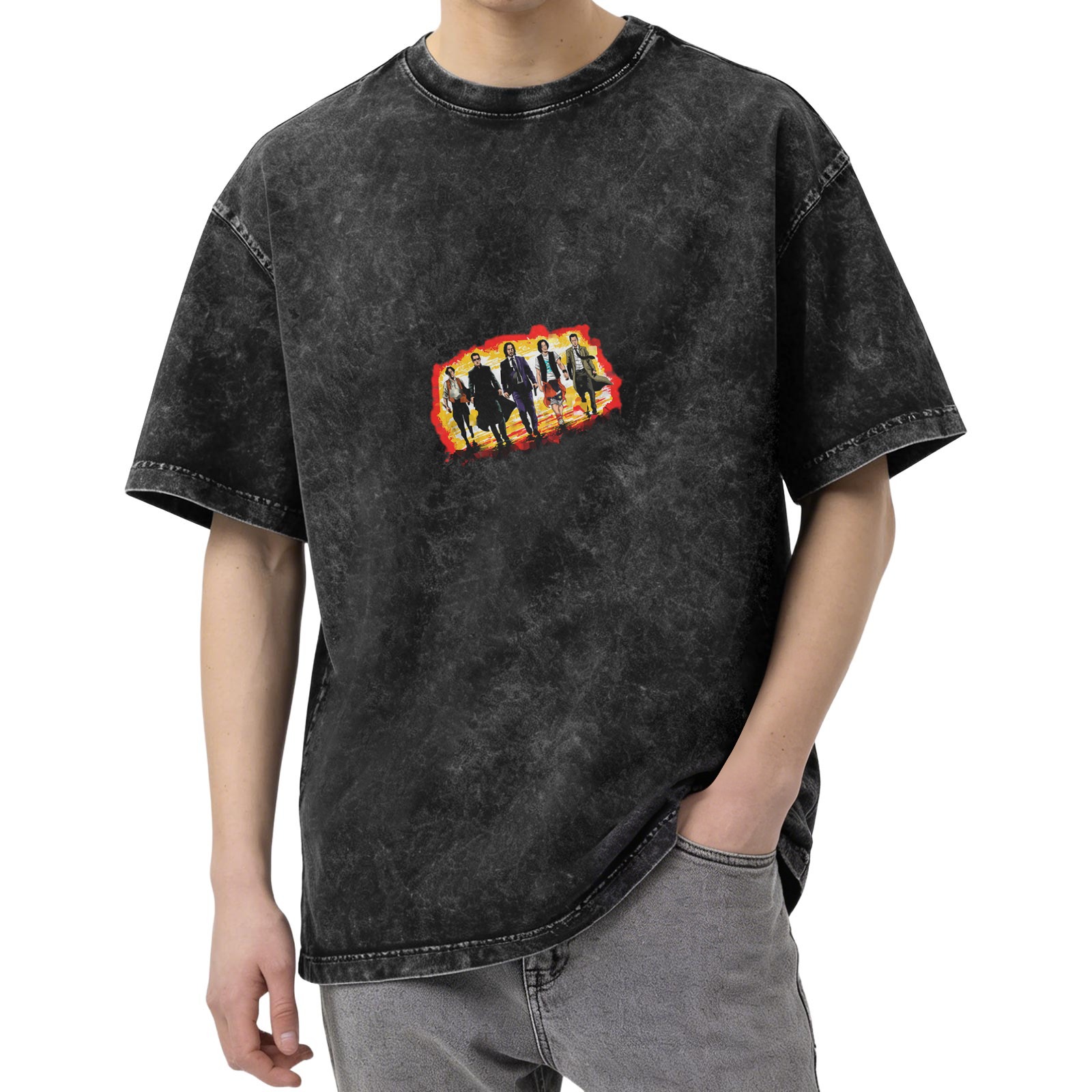 Distressed washed black loose short-sleeved T-shirt with film and television character prints