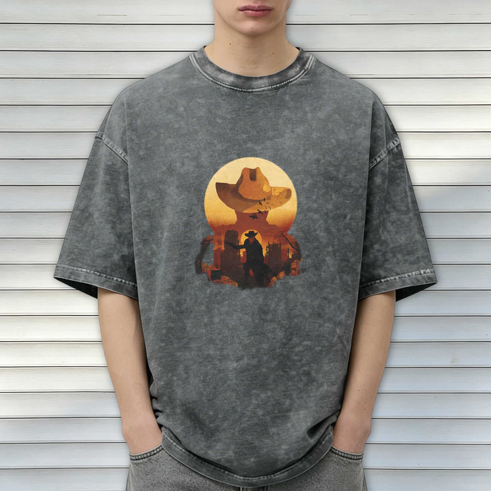 Washed Black Western Cowboy Graphic Short Sleeve T-Shirt