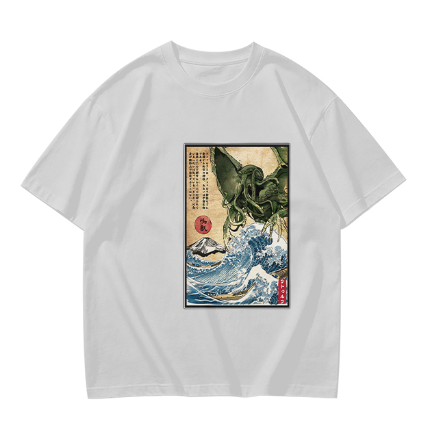 Olive T-shirt with Japanese ukiyo-e style Cthulhu wave print