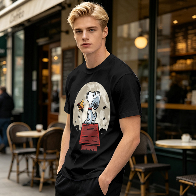 Snoopy and Woodstock on Doghouse Under Full Moon T-Shirt