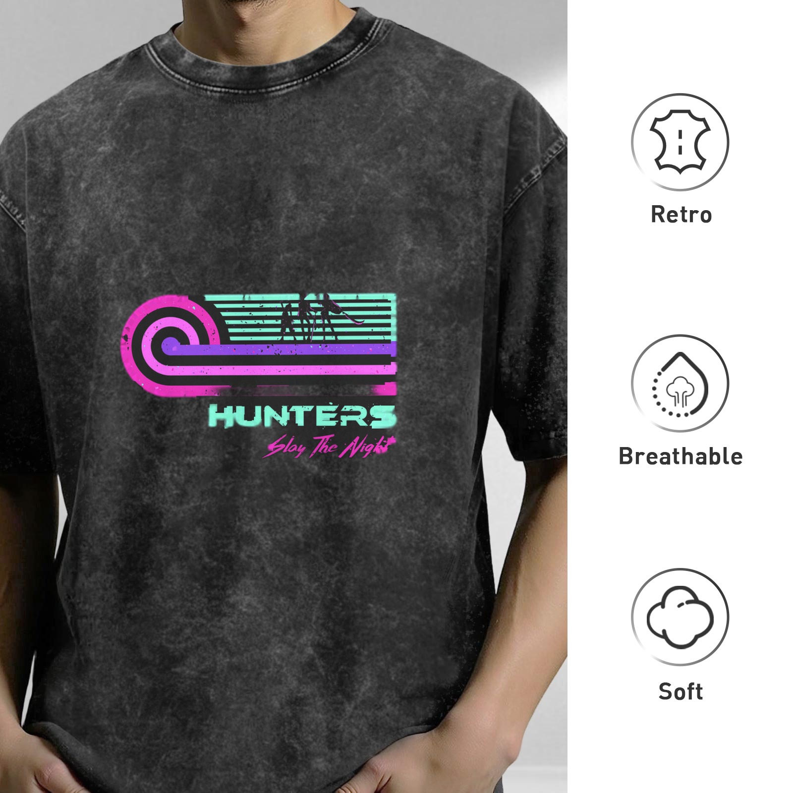 Washed Black T-Shirt with Retro Hunters Slay The Night Graphic