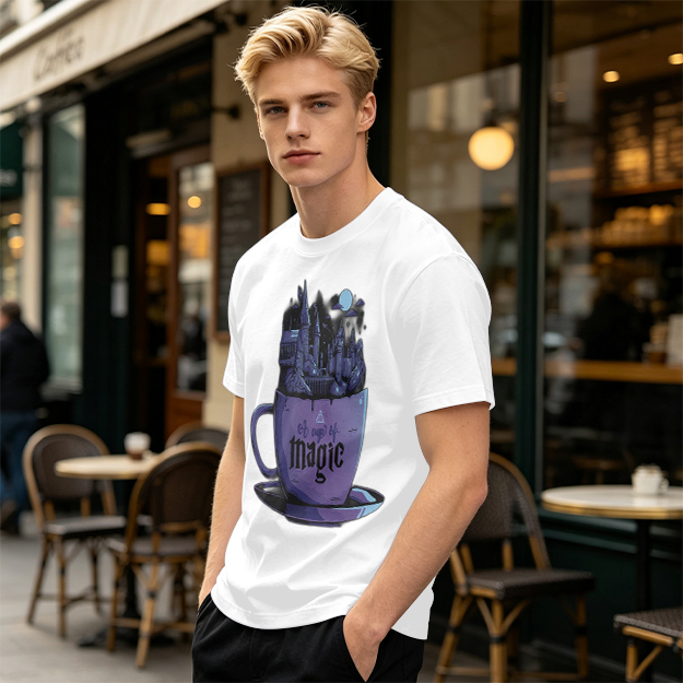 Olive T-Shirt With Teacup Holding Magical Castle Artwork