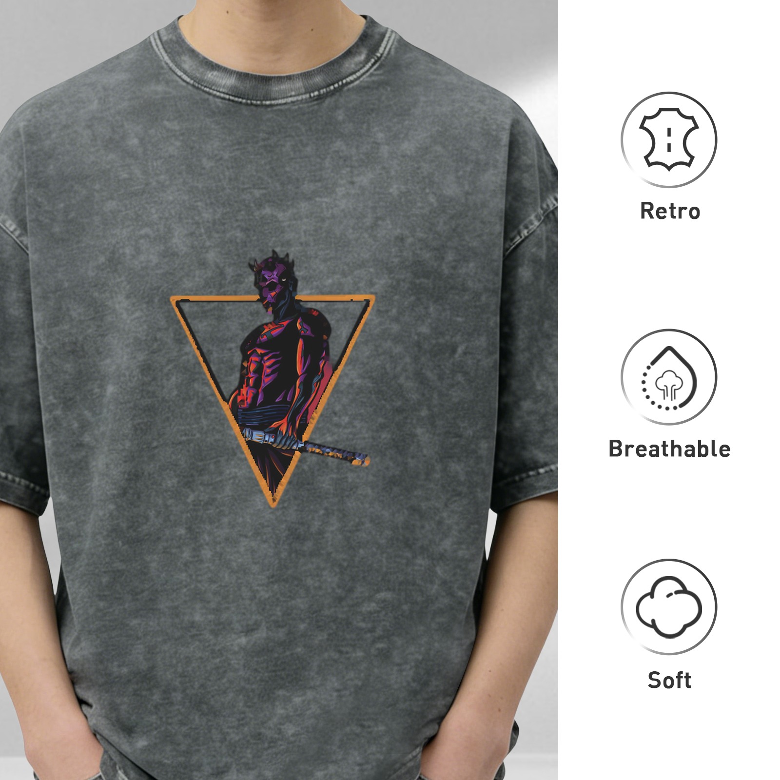 Washed Black Oversized T-Shirt With Triangle Superhero Graphic