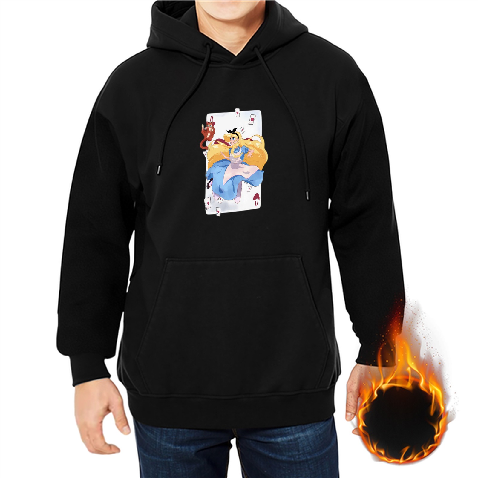 Black hoodie with Alice in Wonderland playing card graphic