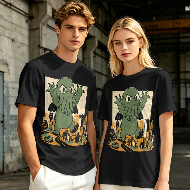 Olive T-shirt with cartoon Cthulhu monster destroying cityscape print