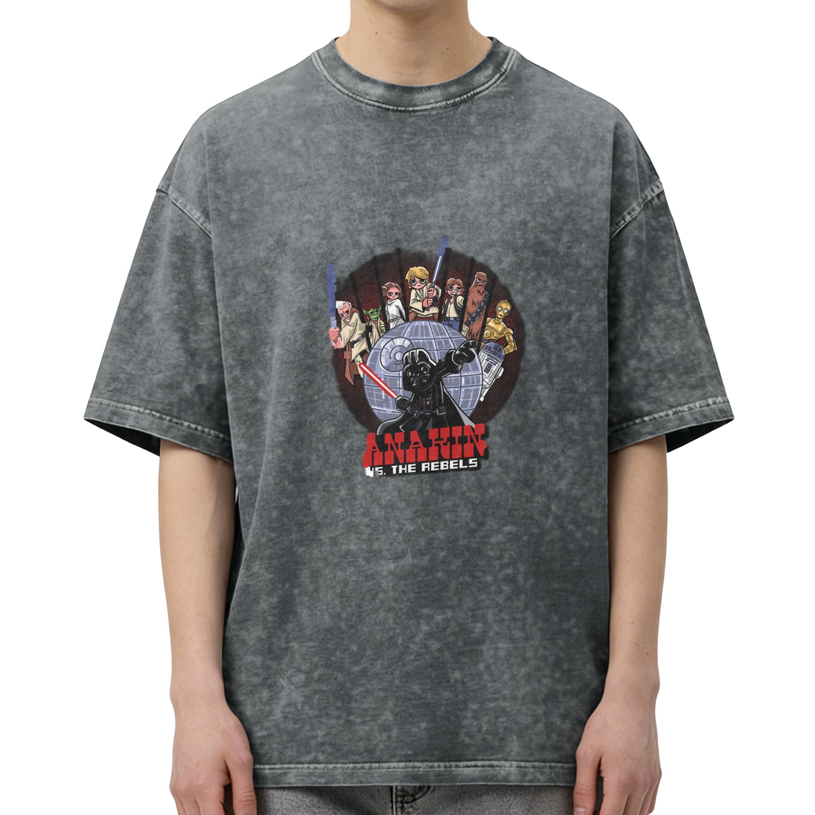 Star Wars themed washed distressed short-sleeved T-shirt Anakin vs Rebels printed casual top