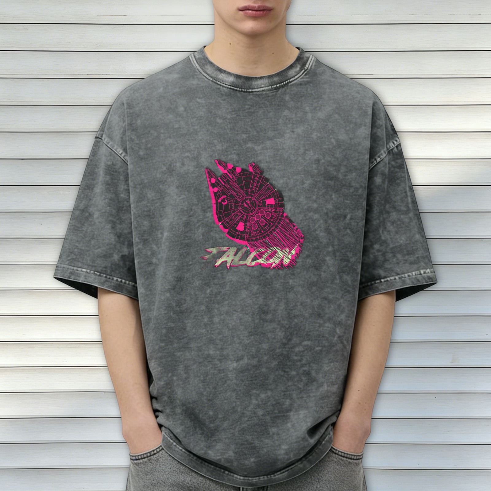 Distressed black short-sleeved T-shirt, pink Millennium Falcon pattern on the chest, FALCON print, loose fit