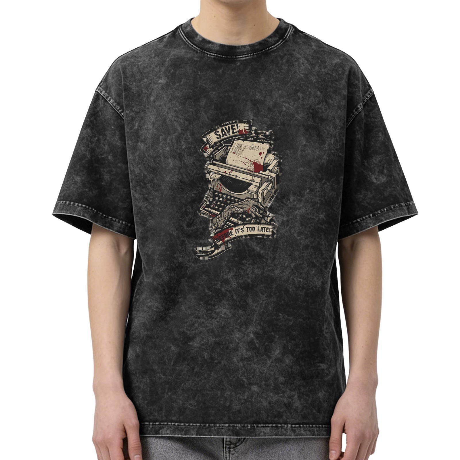 Distressed washed dark style typewriter printed short-sleeved T-shirt