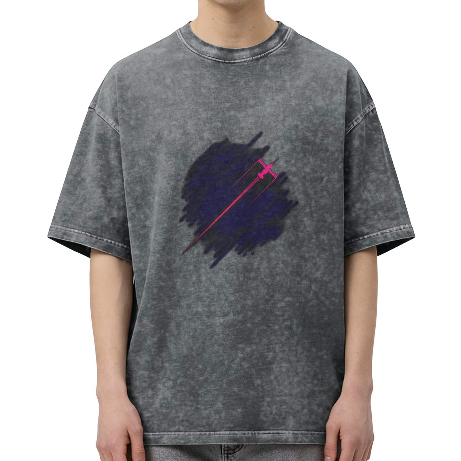 Distressed washed black loose short-sleeved T-shirt with pink and purple fighter print