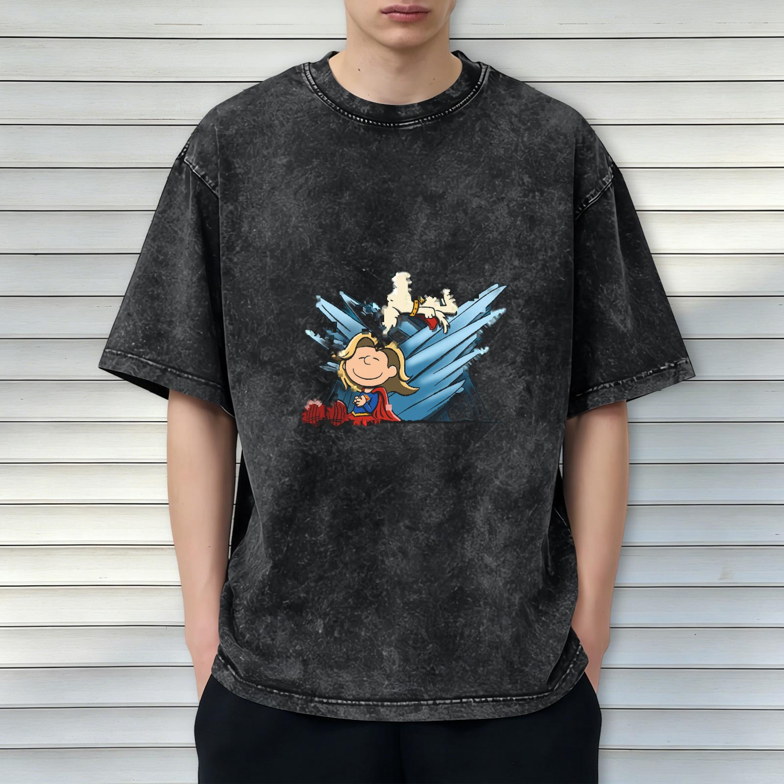 Washed black graphic t-shirt with Peanuts style superhero print