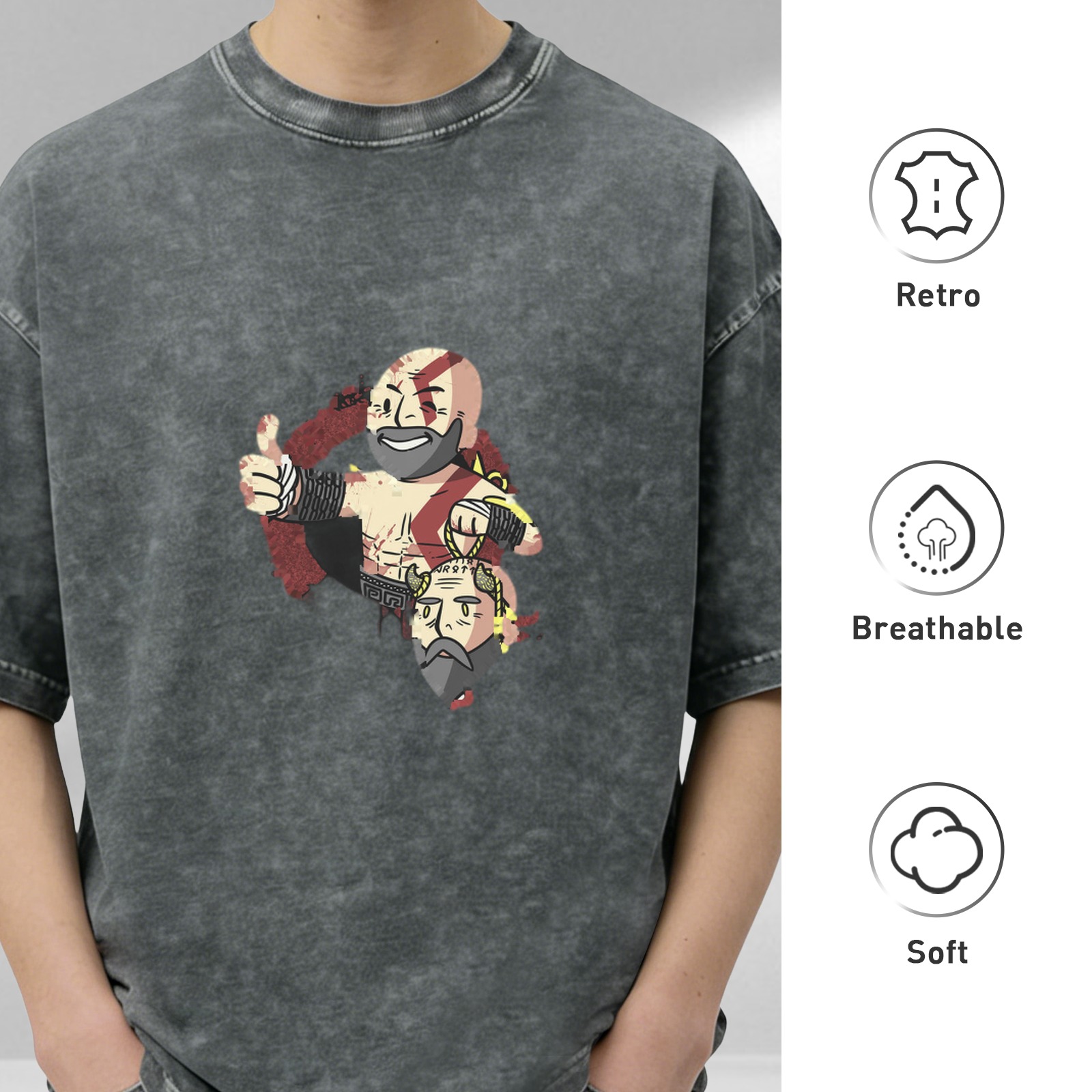 Washed Black T-Shirt with Chibi Kratos Holding Mimir Head Graphic