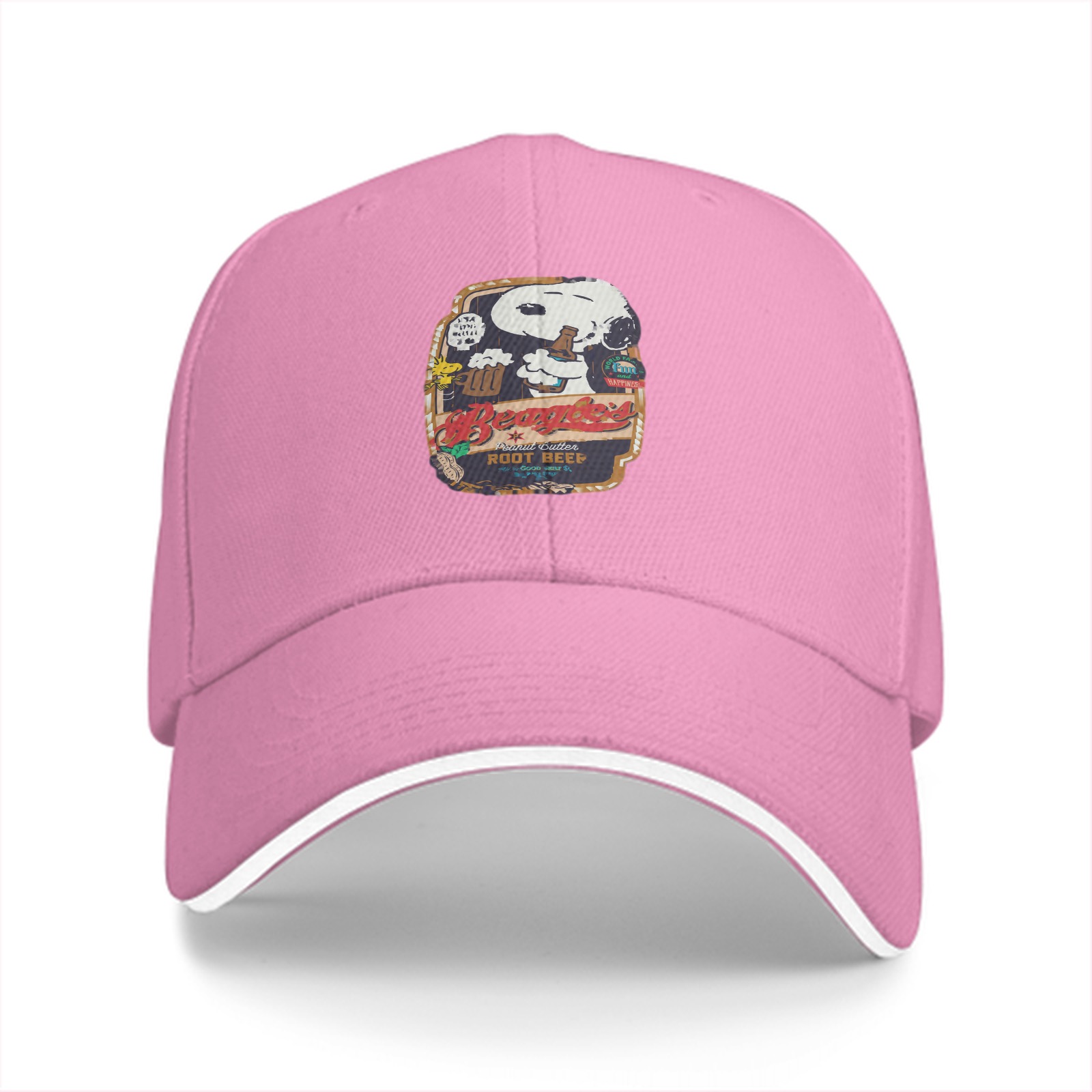 Black baseball cap with Snoopy root beer graphic print