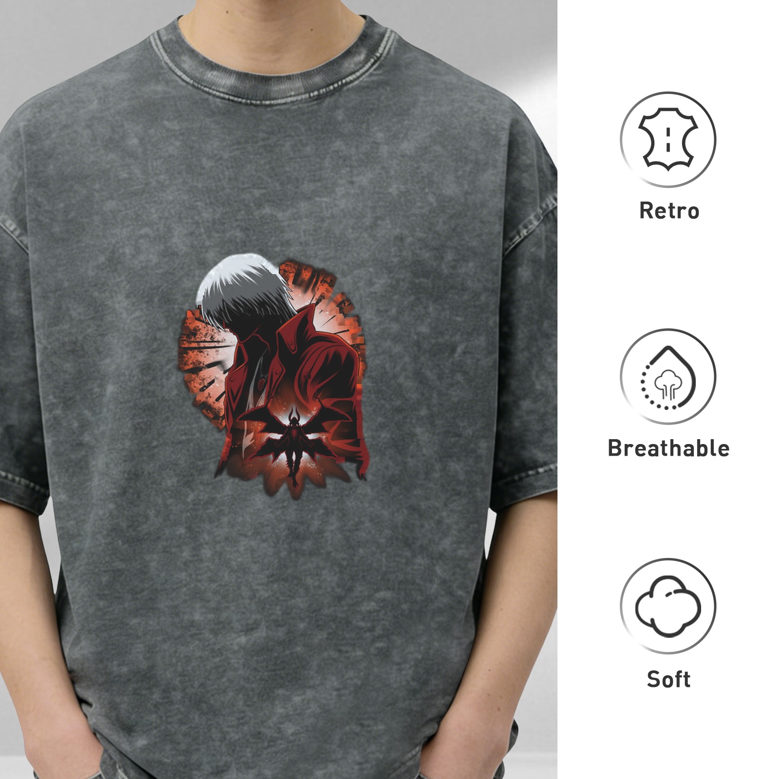 Washed Black Graphic T-Shirt with Anime Demon Character Print