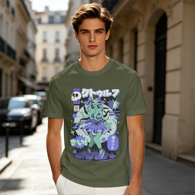 Olive green graphic t-shirt with Cthulhu magical girl anime print