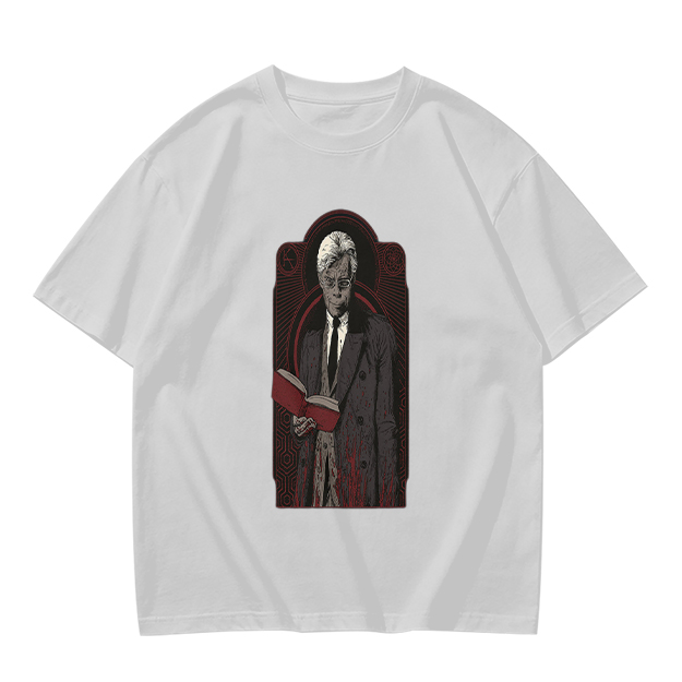 Olive T-shirt with Gothic Figure Holding Red Book Print