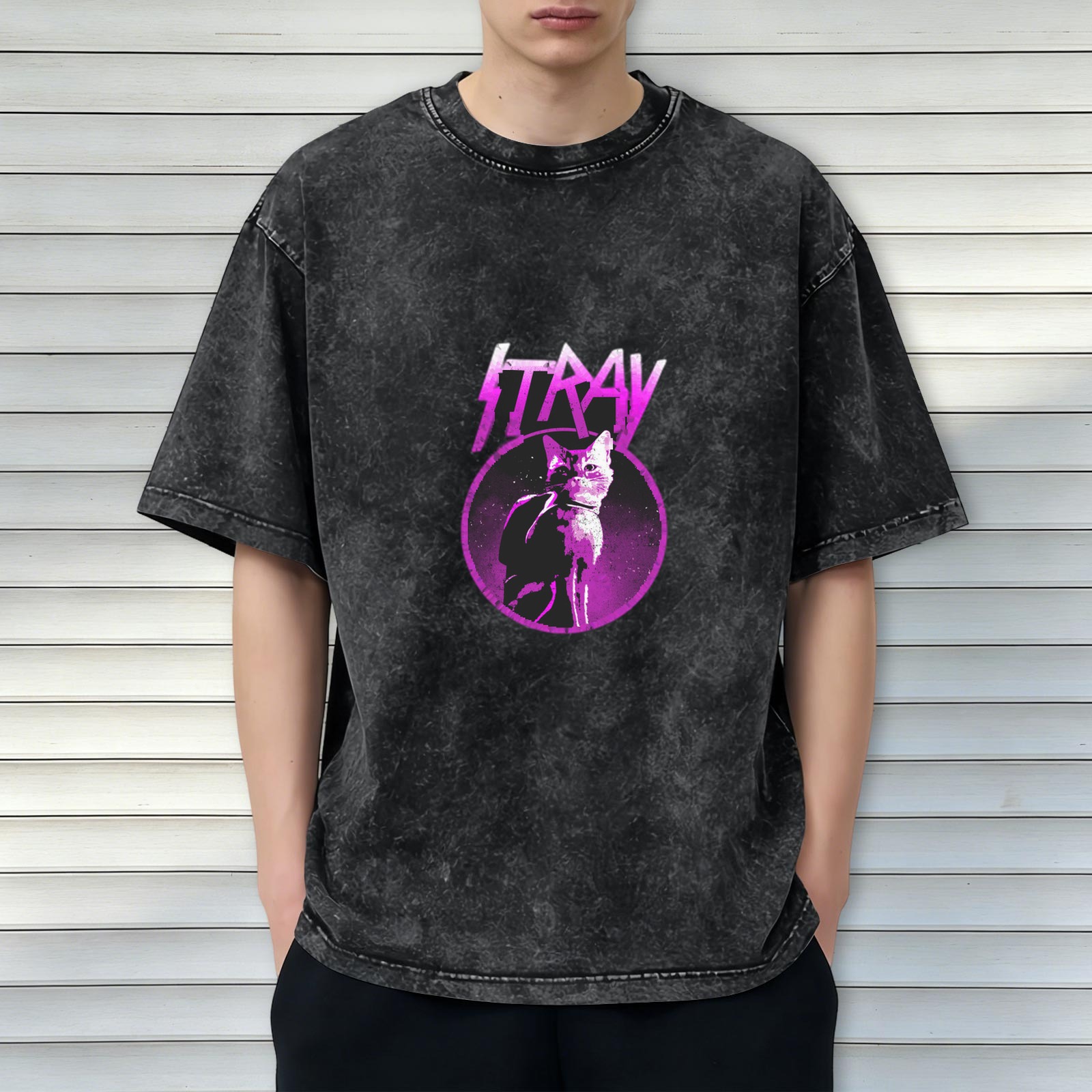 Stray Game Cat Graphic Acid Wash Black T-Shirt