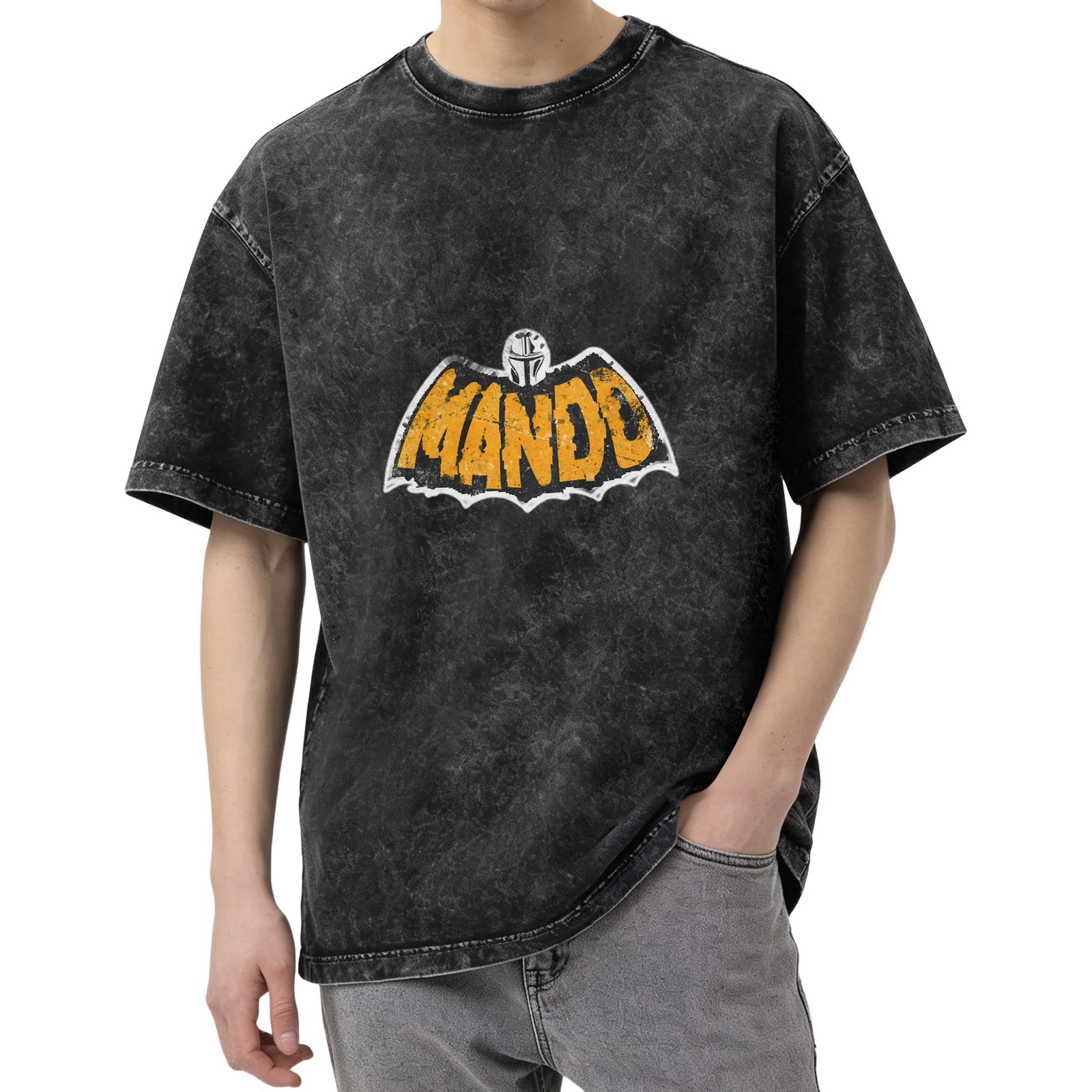 Washed Black Oversized T-Shirt with Mando Bat Logo Graphic