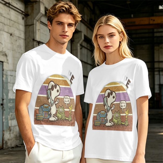 Olive T-Shirt with Snoopy Retro Phone Call Graphic